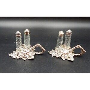 Arthur Court Grape Leaf Aluminum Glass Salt & Pepper Shakers Holder 1998 Set 2